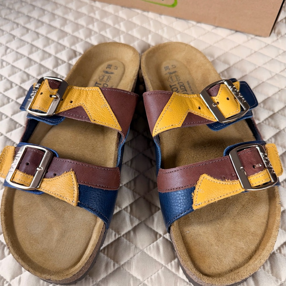 Naot San Diego Slide Sandals in Brown, Mustard, and Navy, Size 7/38 EU, NWB - Picture 5 of 14